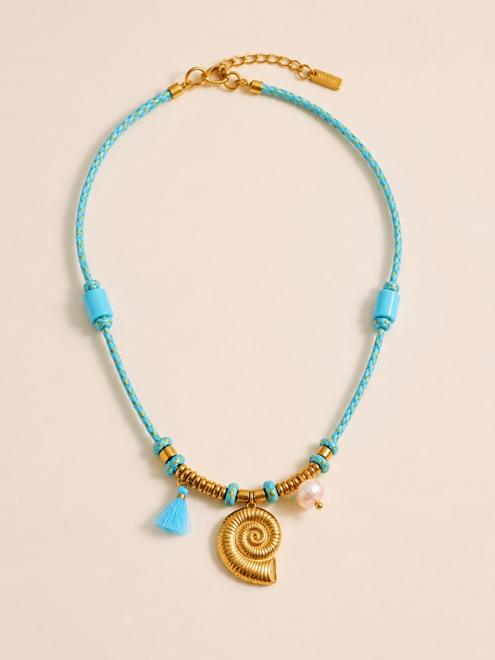 Beachy Turquoise Cord Gold Shell Necklace